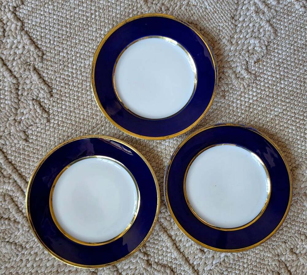 Antique C. Ahrenfeldt Limoges, France, Cobalt Blue Gold Plates Set of 3; 8-inch